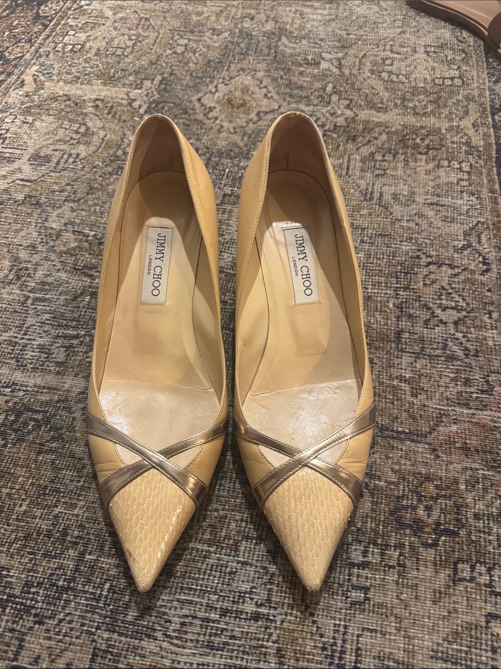 Jimmy Choo Cream Pointed-Toe Pumps with Metallic Trim